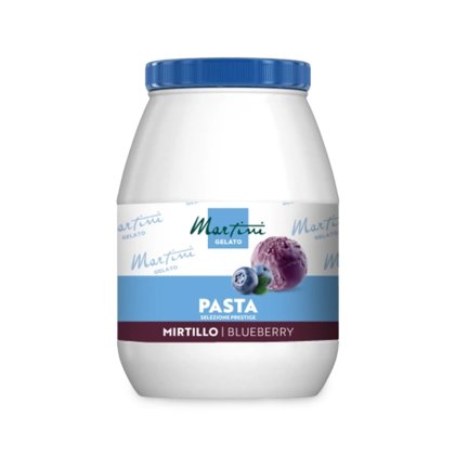 Біла пластикова банка з синьою кришкою, етикетка Martini Gelato Pasta Mirtillo, з кулькою чорничного морозива