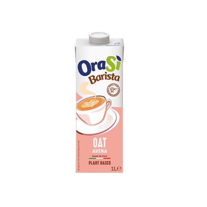 Пакет 1 л вівсяного напою OraSì Barista, рослинний, зроблено в Італії, з чашкою кави на рожевій упаковці.