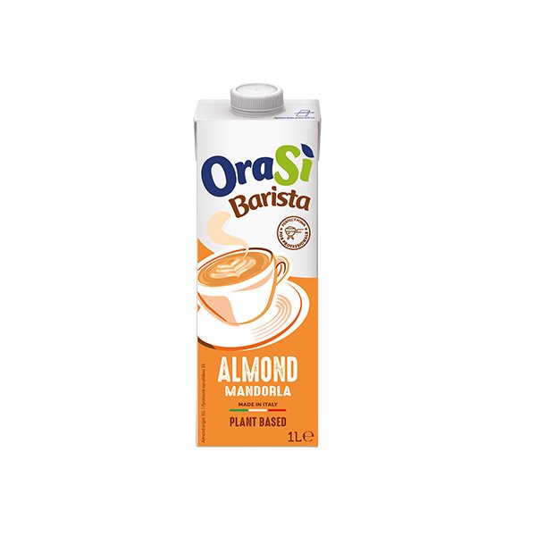 Пакет 1л OraSì Barista Almond, рослинний напій, помаранчева упаковка з малюнком чашки, вироблено в Італії.