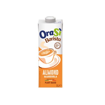 Пакет 1л OraSì Barista Almond, рослинний напій, помаранчева упаковка з малюнком чашки, вироблено в Італії.