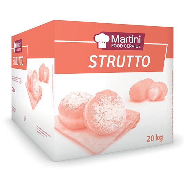 Коробка 20кг Martini Food Service Strutto з випічкою, посипаною цукровою пудрою, на дошці.