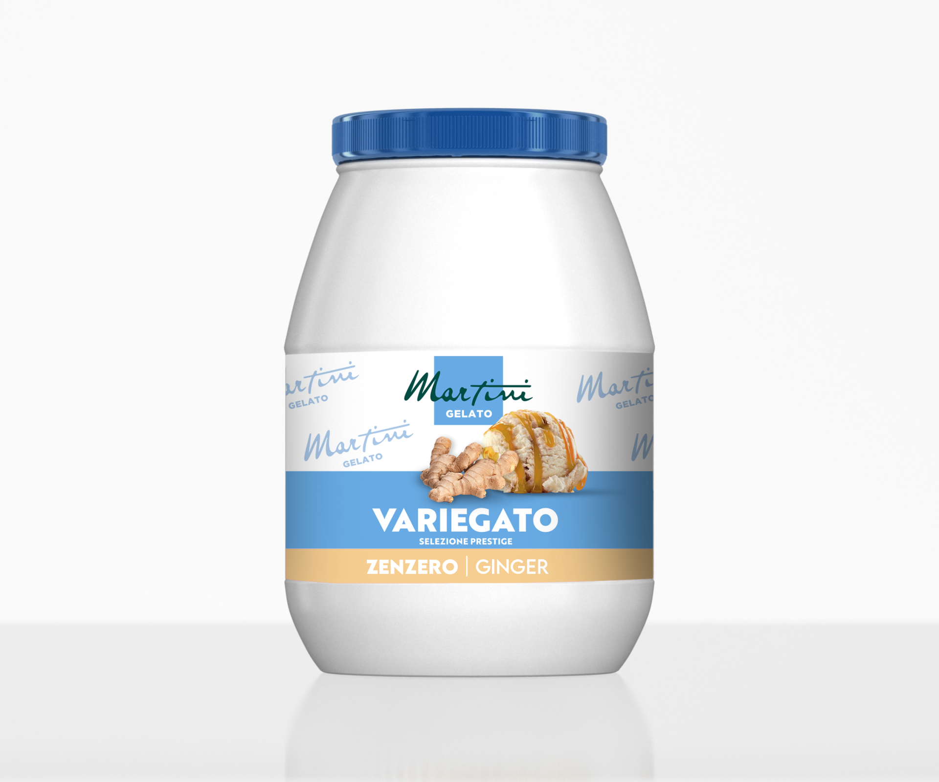 Біла пластикова банка з синьою кришкою, етикетка Martini Gelato Variegato Zenzero Ginger, з коренем імбиру та морозивом.