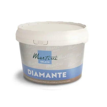 Біла банка ароматизуючої пасти Martini Gelato Diamante для морозива та кондитерських виробів, із сіро-синьою етикеткою.