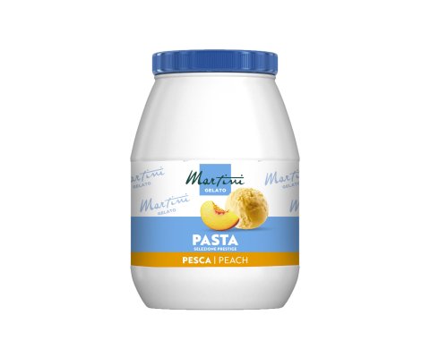 Білий пластиковий контейнер із синьою кришкою, етикетка "Martini Gelato Pasta Selezione Prestige, Pesca/Peach", з пер...