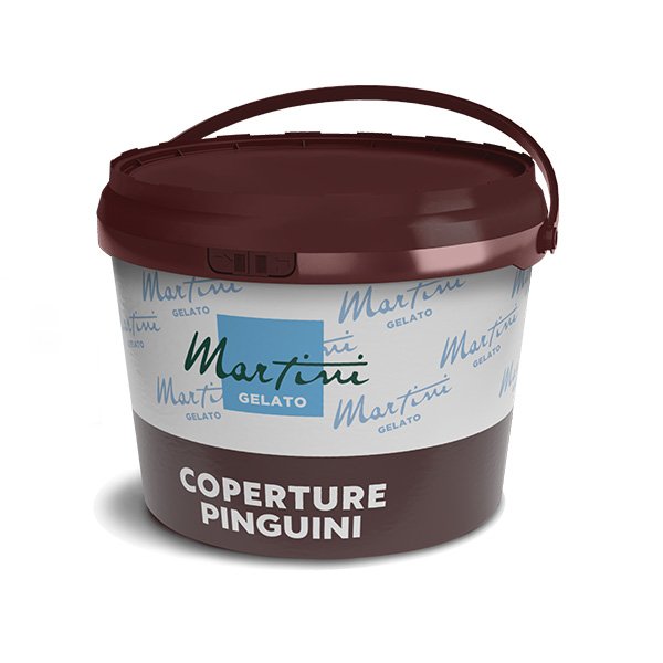 Темно-коричневе пластикове відро з ручкою, з написом Martini Gelato Coperture Pinguini, шоколадне покриття.