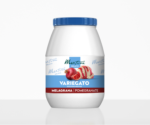 Білий контейнер із синьою кришкою Martini Gelato Variegato, Melagrana гранат, з кулькою морозива та гранатом