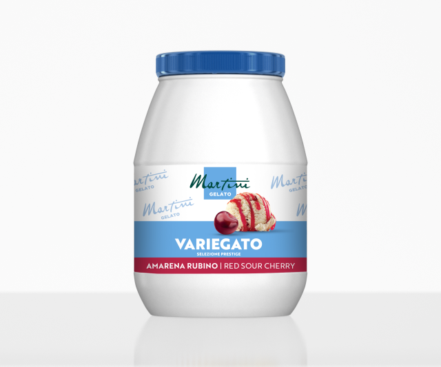 Біла пластикова банка з синьою кришкою, етикетка Martini Gelato Variegato Amarena Rubino, червона кисла вишня, з моро...