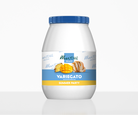 Білий пластиковий контейнер із синьою кришкою "Martini Gelato Variegato Summer Party" з манго, ананасом і кокосом.