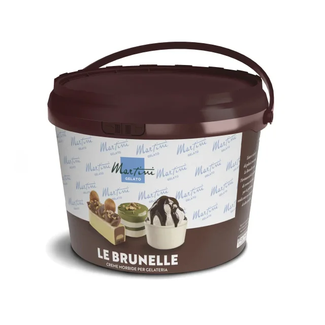 Коричневе відро м'якого крему Martini Gelato "Le Brunelle" з етикеткою з повторюваним логотипом та фото десертів.