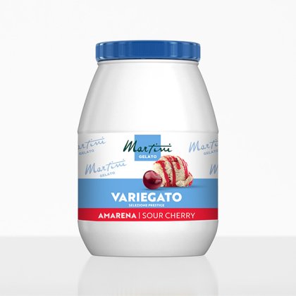 Біла пластикова ванночка Martini Gelato Variegato Amarena з синьою кришкою та етикеткою з вишнями.
