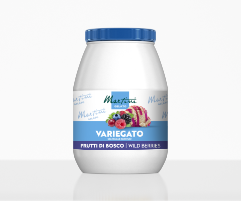 Біла пластикова банка з синьою кришкою, етикетка Martini Gelato Variegato Frutti di Bosco, лісові ягоди та морозиво