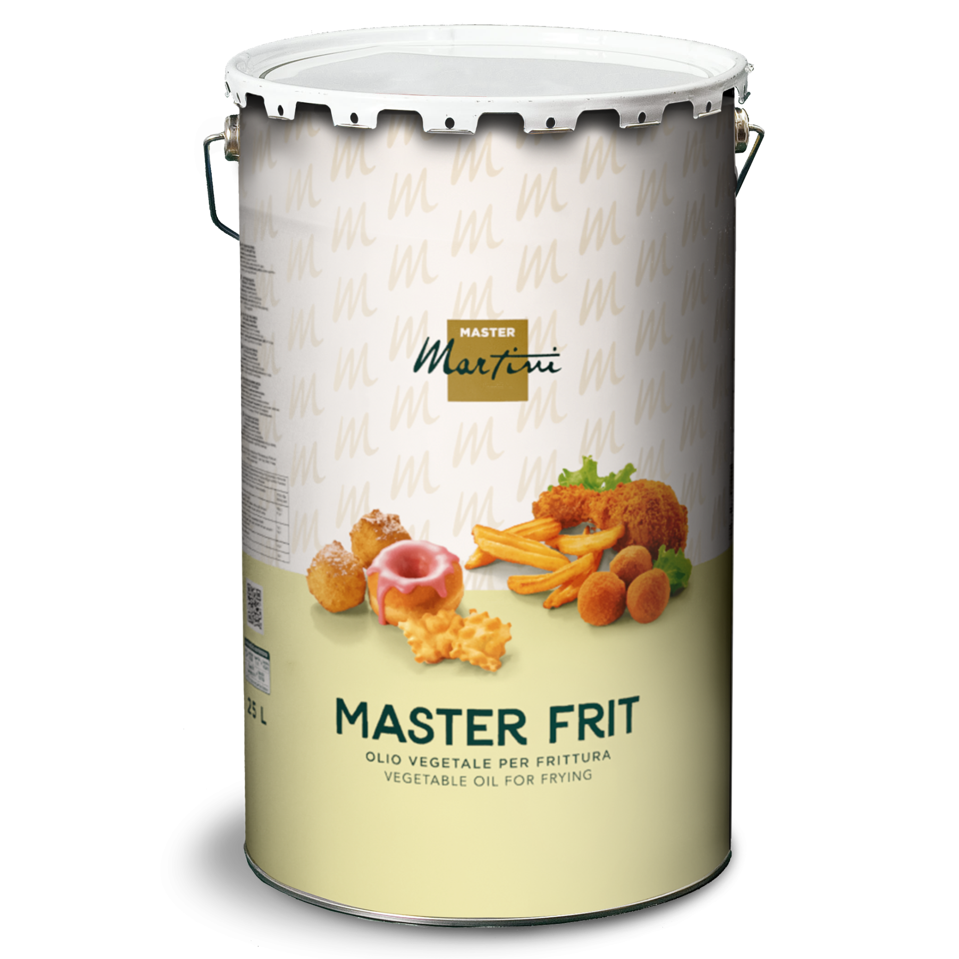Металева банка олії для смаження Master Martini "Master Frit" із зображеннями смаженої їжі на бежевій етикетці, 25л.