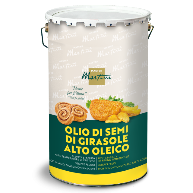 Металеве відро соняшникової олії high oleic Master Martini, етикетка ідеально для смаження, із зображеннями смажених ...