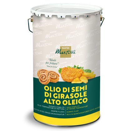 Металеве відро соняшникової олії high oleic Master Martini, етикетка ідеально для смаження, із зображеннями смажених ...