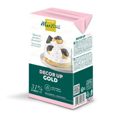 Пакет 1Л підсолодженого збитого крему Master Martini Decor Up Gold, 31% жиру, із зображенням еклера.