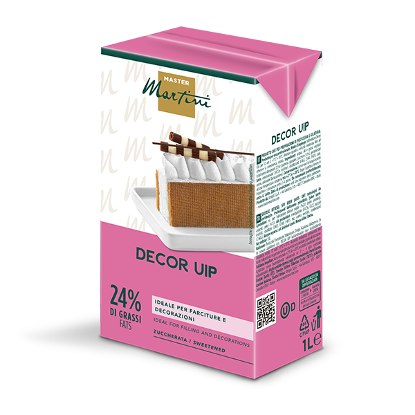 Рожева коробка 1л підсолодженого збивного крему Master Martini Decor UIP, 24% жиру, із зображенням торта.