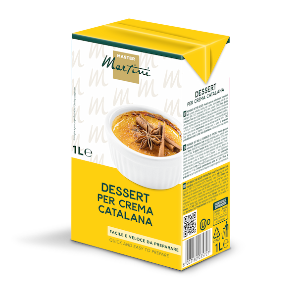Жовта упаковка 1л суміші для десерту Master Martini Crema Catalana, карамелізований крем з бадьяном