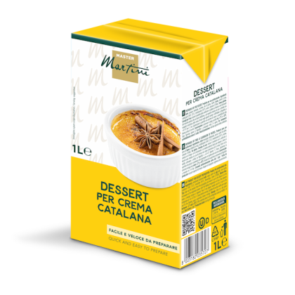 Жовта упаковка 1л суміші для десерту Master Martini Crema Catalana, карамелізований крем з бадьяном