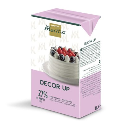 Підсолоджені вершки для збивання Master Martini Decor Up, 27% жиру, без глютену, 1л рожева упаковка з тортом