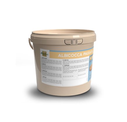 Бежеве пластикове відро з етикеткою "Albicocca Passata" та інформацією про продукт.