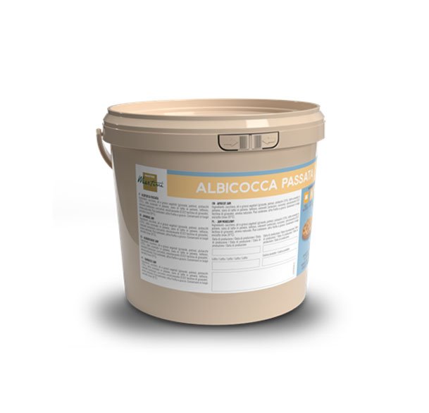 Бежеве пластикове відро з етикеткою "Albicocca Passata" та інформацією про продукт.