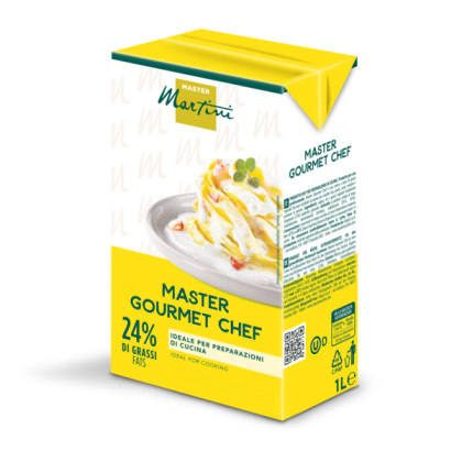 Жовта коробка 1л вершків для готування Master Martini Gourmet Chef, 24% жиру, із зображенням пасти на етикетці.