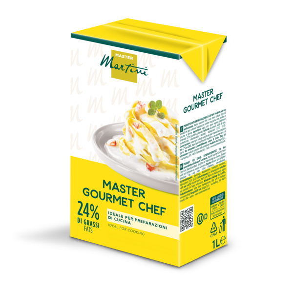 Жовта коробка 1л вершків для готування Master Martini Gourmet Chef, 24% жиру, із зображенням пасти на етикетці.