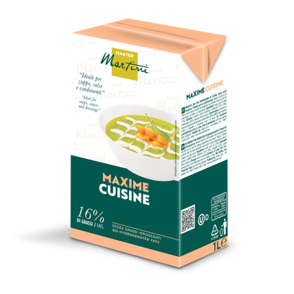 Пакет 1Л кулінарних вершків Master Martini Maxime Cuisine, 16% жиру, з мискою зеленого супу на етикетці.