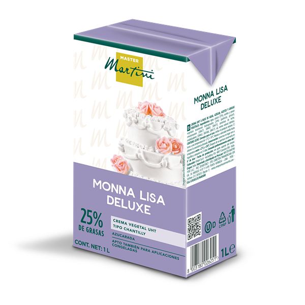 Фіолетова упаковка 1л вершків для збивання Master Martini Monna Lisa Deluxe, 25% жиру, з багатоярусним тортом