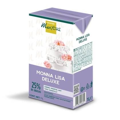 Фіолетова упаковка 1л вершків для збивання Master Martini Monna Lisa Deluxe, 25% жиру, з багатоярусним тортом