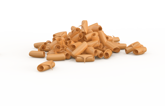 Купка трубчастих макаронних виробів пісочного кольору, схожих на garganelli або rigatoni, на білому тлі.