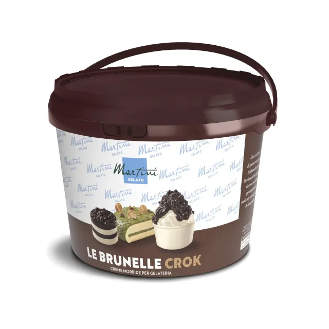 Коричневе відро крему Martini Gelato "Le Brunelle Crok" для морозивниць, із зображеннями десертів з фісташками та какао.