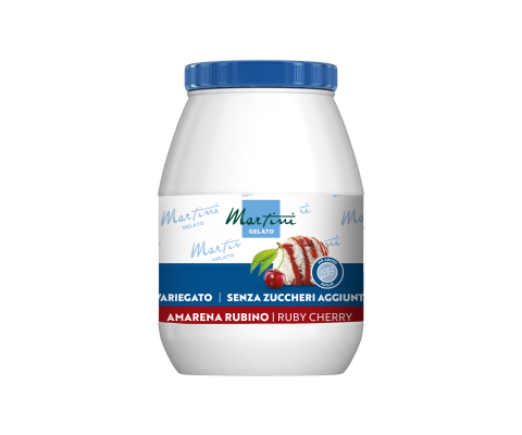 Біла пластикова ванночка морозива Martini Gelato з синьою кришкою, з етикеткою Amarena Rubino Ruby Cherry, без додано...